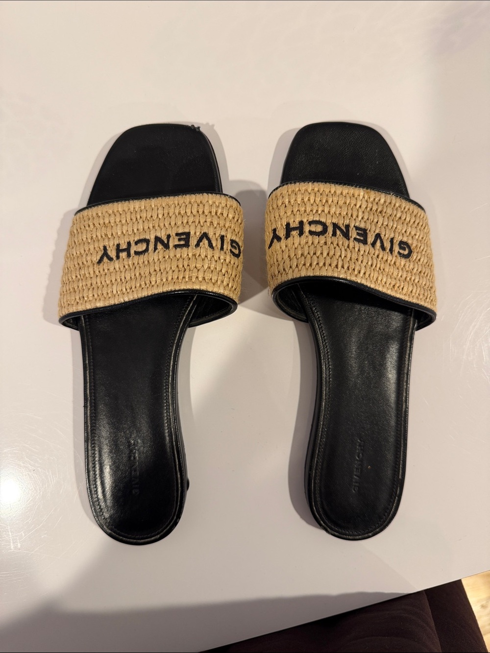 Givenchy Black Leather & Natural Raffia Slide Sandals
